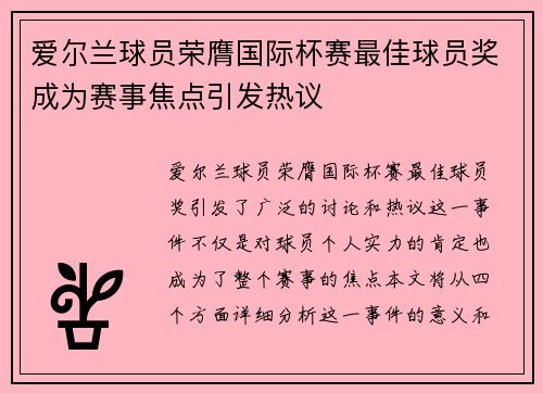爱尔兰球员荣膺国际杯赛最佳球员奖成为赛事焦点引发热议