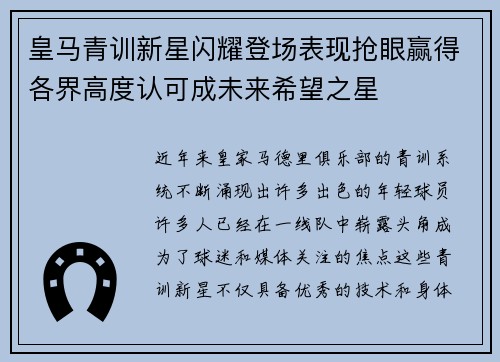 皇马青训新星闪耀登场表现抢眼赢得各界高度认可成未来希望之星